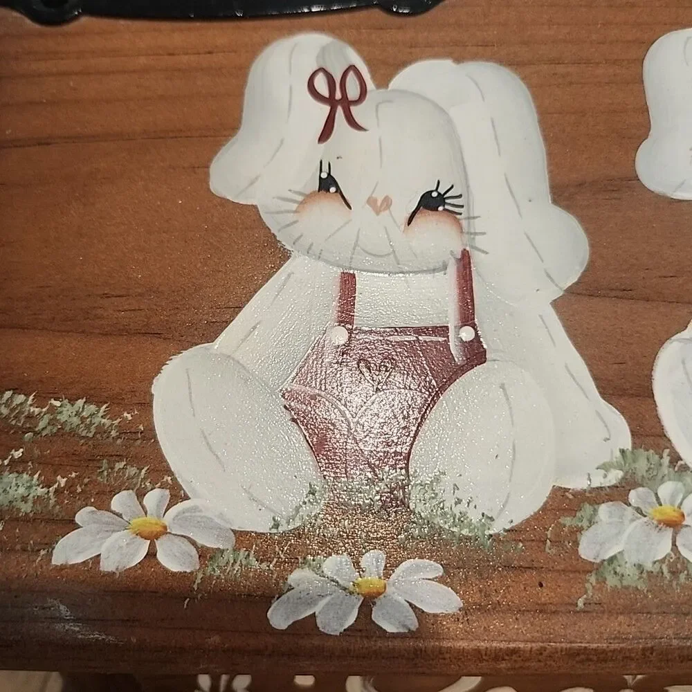 Vtg Wood Recipe file Box Handpainted Bunny Rabbits and Daisy Flowers Retro Decor